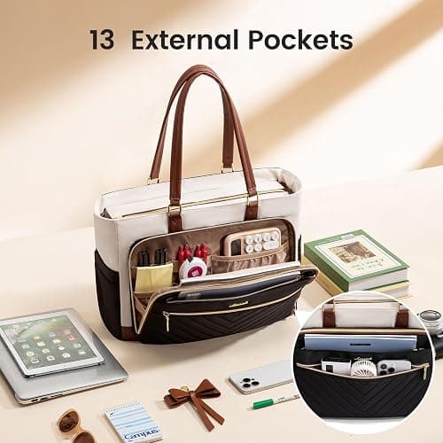 LOVEVOOK Teacher Tote Bag for Women, Work Laptop Bag Gift with Large Cup Holder, Quilted Nurse Bag Diaper Tote with Multi-Pockets, Large Computer Handbag Purse for Bussiness Travel, Office, College thumbnail 4