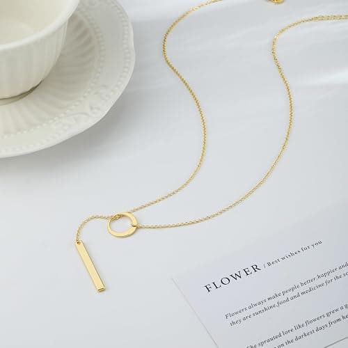 Hergory Long Gold Necklace for Women Trendy, Dainty Layered Lariat Necklace 14k Gold Plated Silver Y Shaped Beaded Chain Non Tarnish Drop Necklaces Simple Adjustable Jewelry Gift thumbnail 6