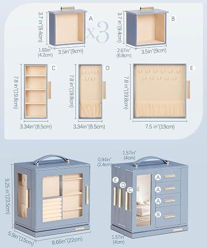 Homde Christmas Gifts Jewelry Box 360° Rotating, Necklace Earring Organizer with Transparent Window, Mirror, 7 Drawers, Large Ring Display Storage Case for Girls Women (Grey Blue) thumbnail 3