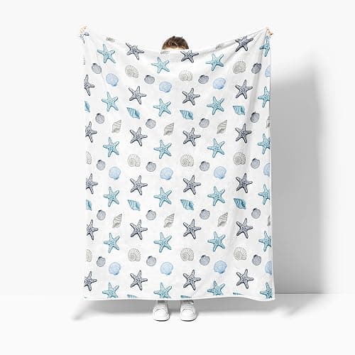 Ydbkt Coastal Ocean Beach Throw Blanket, Starfish Seashells Summer Fleece Blue Grey on White Blanket, Ocean Theme Lightweight Soft Cozy for Sofa Couch Bed Room Decor 50"x60" thumbnail 5