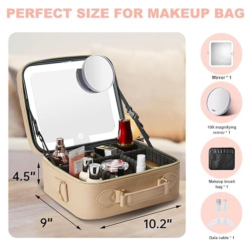 Mocado Travel Makeup Bag with LED Lighted Mirror,Travel Makeup Organizer,Makeup Case with 3 Color Lighted Setting and 10x Magnifying Mirror,Portable Storage and Adjustable Dividers Makeup Box(Khaki) thumbnail 8
