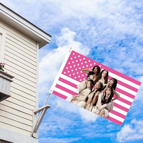 WENWELL Katseye Pink American Flag Tapestry, 3x5 FT Polyester Wall Hanging with Brass Grommets, Single-Side Print for Bedroom Studio Decor thumbnail 2