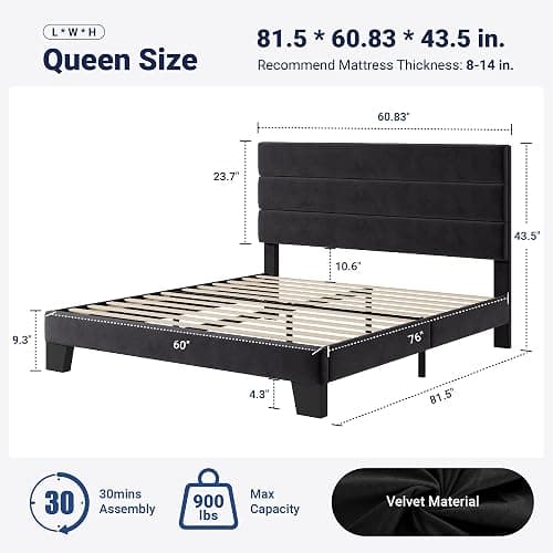 Allewie Queen Size Platform Bed Frame with Velvet Upholstered Headboard and Wooden Slats Support, Fully Upholstered Mattress Foundation/No Box Spring Needed/Easy Assembly, Black thumbnail 2