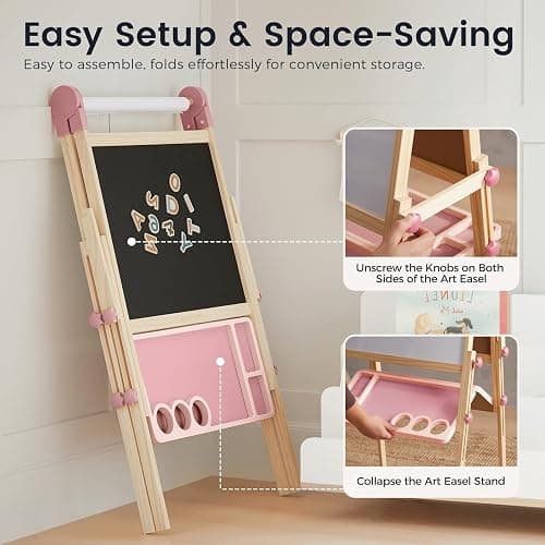 Tiny Land Easel for Kids, Double-Sided Magnetic Easel with Drawing Accessories, Adjustable Wooden Kids Art Easel with Paper Roll, Learning-Toy for 3,4,5,6,7,8 Years Old Boy & Girls Pink thumbnail 5
