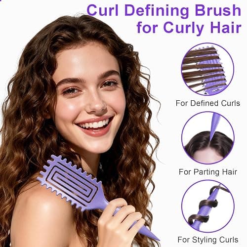 Curly Hair Brush, Curl Defining Brush with Soft Boar Bristles Detangling Tangled Glides, Wide-Teeth Design Effortlessly Shaping & Defining Curls, Curling Definer for Wet & Dry Hair (Purple) thumbnail 3