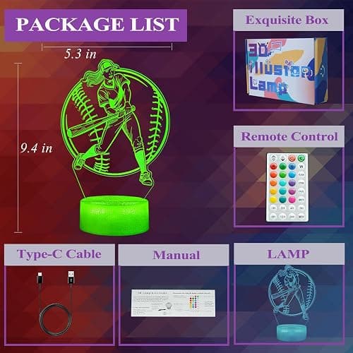 POSSHE Softball Night Light, Softball Gifts for Girls, 3D Illusion Lamp with Remote Control, 16 Colors Changing, RGB Flashing Mode and Dimmable, Softball Accessory Gifts for Girls Christmas Decor thumbnail 6