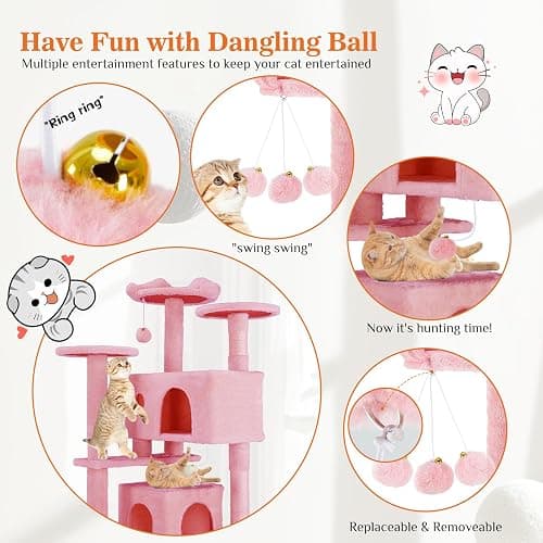 Sweetcrispy 54 Inch Cat Tree Tower, Multi-Level with Cat Scratching Post, Indoor Cat Condo with Climbing Ladder, Plush Toy, Play House for Cat, Pink thumbnail 4