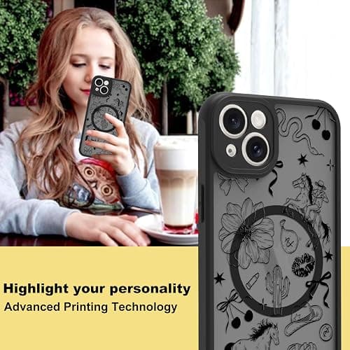 MOWIME Magnetic for iPhone 14 case [Compatible with MagSafe] Cute Western Cowboy Floral Translucent Matte Hard Back Shockproof Anti-Scratch Phone Case-Black thumbnail 6