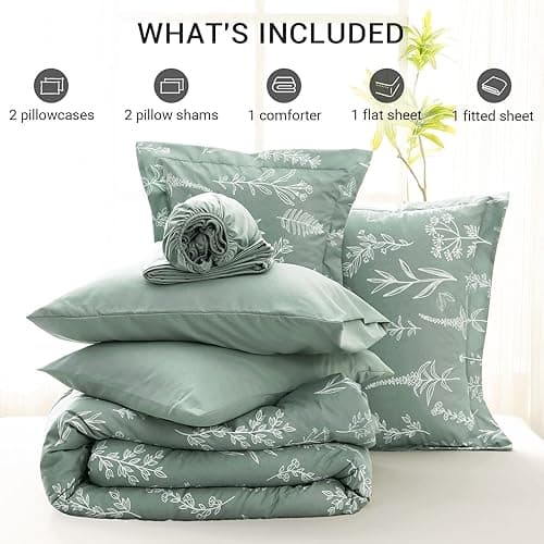 MUXHOMO Bed in a Bag Queen 7 Pieces, Sage Green Queen Comforter Set Reversible Botanical Flowers Design, Ultra Soft & Breathable Bedding Sets with Comforter, Sheets, Pillowcases & Shams thumbnail 6