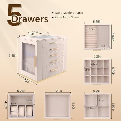 Homeanda Jewellery Box, Large 5-Layer Organiser Case with Glass Lid, Beige | Modern PU Leather Case with Drawers & Side Necklace Hooks, Velvet Organiser for Rings & Earrings, Gift for Women & Girls thumbnail 2