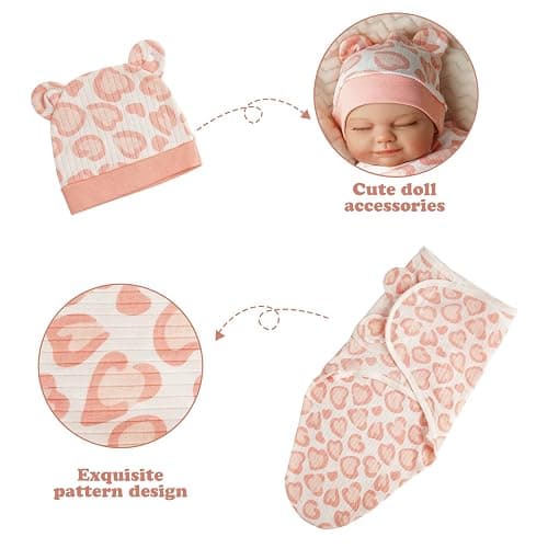 BABESIDE 4 Pcs Reborn Baby Doll Blanket with Doll Accessories Set for 17-24 Inch Babydolls, Heart Patterns Baby Doll Swaddle Blanket with Hat Gloves for Realistic Dolls Girl, Pink thumbnail 2