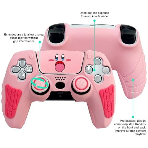 HLRAO Pink Anti Slip PS5 Controller Skin Set,Soft Protective Controller Cover Case for PlayStation 5/Slim/Pro Control with Touch Pad Stickers and 2 Thumb Grip Caps thumbnail 3