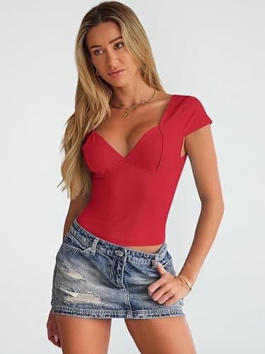 Trendy Queen Womens Summer V-Neck Backless Cute Tops Short Sleeve Sexy Slim Fit T-Shirts Y2K Clothes Corset Cami 2025 thumbnail 3