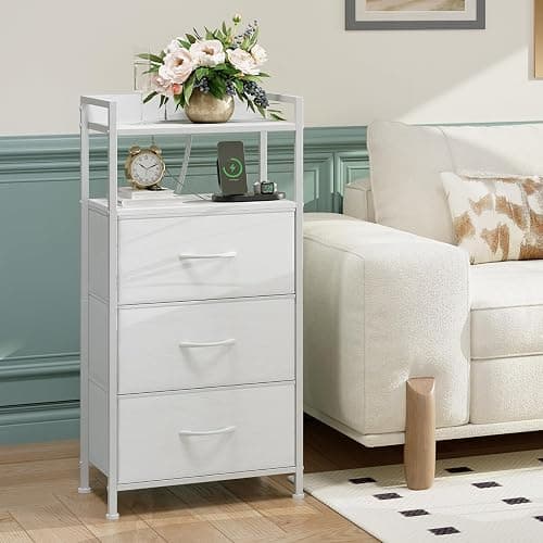 Somdot White Nightstand with Charging Station and LED Light for Bedroom, Tall 3 Drawers Dresser with Fabric Bins for Bedside Kids Dorm Room Closet Laundry Entryway, White Leather - White Leather - 11"D x 15.8"W x 33.5"H (3 Drawers) thumbnail 7