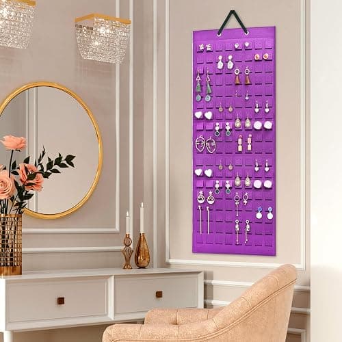 Lolalet Hanging Earring Holder Organizer with 20 Hooks for Women, Earring Organizer Wall Earrings Hanger Pierced Earring Storage, Felt Stud Earring Display, 608 Holes for Earrings - Purple, 1 Pack thumbnail 2