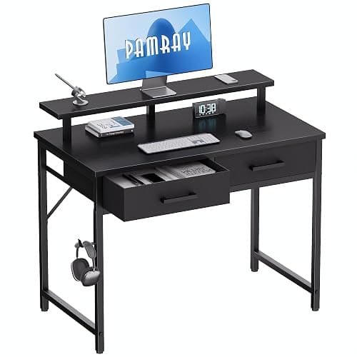 Pamray 32 Inch Small Computer Desk with Monitor Stand Home Office Desks with 2 Drawers for Bedroom Study Writing and Work Table for Small Spaces Black - Image 1