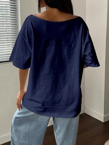 RoseSeek Women's Oversized Off Shoulder Graphic Tees | Short Sleeve Bow Letter Print T Shirts Y2K Tops thumbnail 2