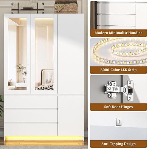 75"H Tall Modern 3 Doors Wooden Armoire Wardrobe Closet with 3 Drawers & 2 Mirror,Clothing Storage Cabinet with Hanging Rod,Bedroom Large Freestanding Armoires with Led Lights for Bedroom,White thumbnail 5