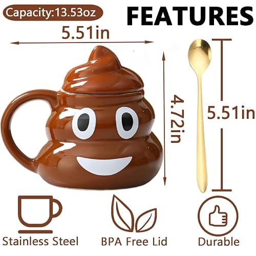Funny Poop Coffee Mug with Spoon, Ceramic Coffee Cup with Lid and Handle, 400ML Unique Mug for Men, Women, Gifts, Tea, Office Daily Drinking and Friends(Style A) thumbnail 2