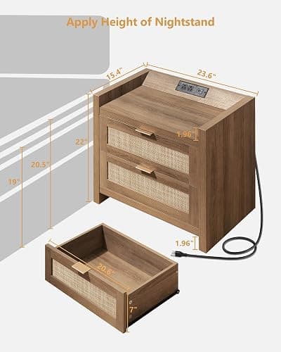 SICOTAS Night Stand Set of 2 - Rattan Nightstands with Type-C Charging Station, 2 Rattan Drawers - Boho Bed Side Tables End Table for Small Space - Natural Oak thumbnail 3