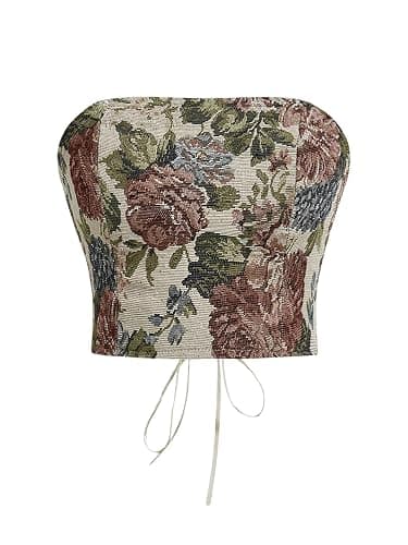 RoseSeek Women's Floral Embroidery Strapless Tube Top Lace Up Y2K Corset Crop Tops - Image 1