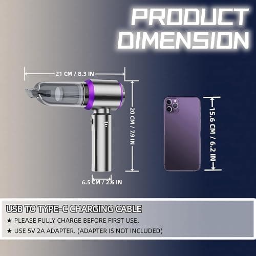 LYCVVVGS Handheld Car Vacuum Cleaner, 21000PA Rechargeable High Power Cordless Mini Vacuum Cleaner and Blower 4-in-1 with 3 Gear, Vacuum with Brushless Motor for Car, Home, Office, PC thumbnail 2