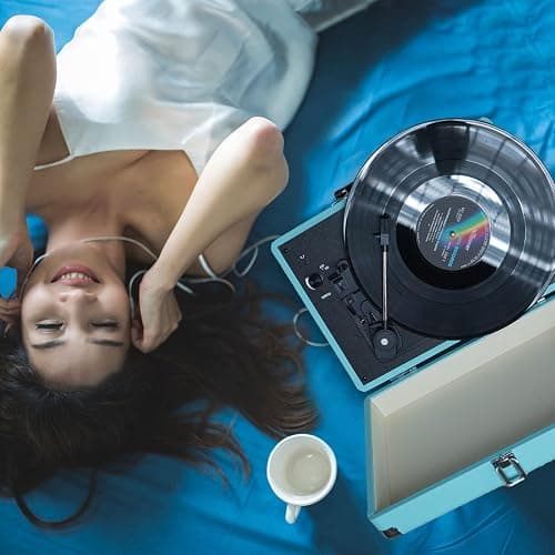 Vinyl Record Player, 3 Speeds Suitcase Portable Record Player with Built-in Speakers, Vintage Belt Driven Turntable with RCA Output/Headphone/Aux in Jack/45 Adapter Blue thumbnail 6