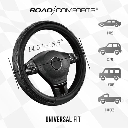Road Comforts Leather Steering Wheel Cover – Black & Black, Universal Fit 14.5-15 Inch, Microfiber Leather, Anti-Slip & Breathable Design for Men and Women thumbnail 7