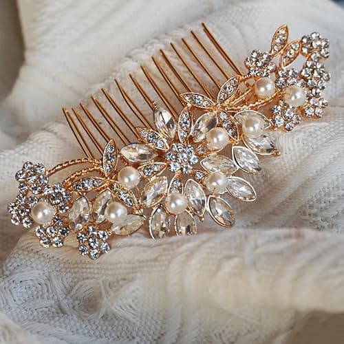 Hapibuy Crystal Wedding Hair Comb Bridal Hair Comb with Pearl Wedding Headpiece for party wear Golden Hair Accessory thumbnail 4