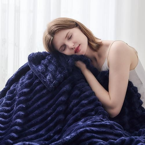 NEWCOSPLAY Super Soft Throw Blanket Dark Navy Premium Silky Flannel Fleece 3D Ribbed Jacquard Lightweight Bed Blanket All Season Use (Dark Navy Ribbed, Throw(50"x60")) thumbnail 5