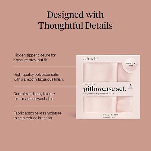 Kitsch Satin Pillowcase with Zipper for Hair & Skin - Softer Than Silk Pillow Cases, Smooth Cooling Satin Pillow Case, Wrinkle-Free, Machine Washable - Pillow Cases Standard Size 19x26 - Blush, 2pcs thumbnail 4