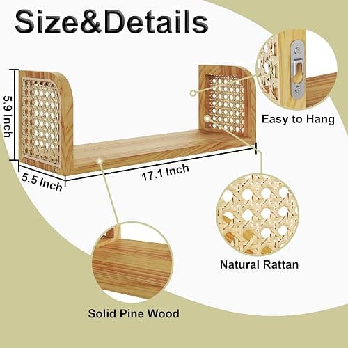 YEMNMFH Rattan Wall Shelf, Hanging Book Shelves for Wall, Decorative Shelves for Natural Nursery Decor, Picture Ledge Shelves, Floating Rattan Shelf for Office, Bedroom, Bathroom thumbnail 3