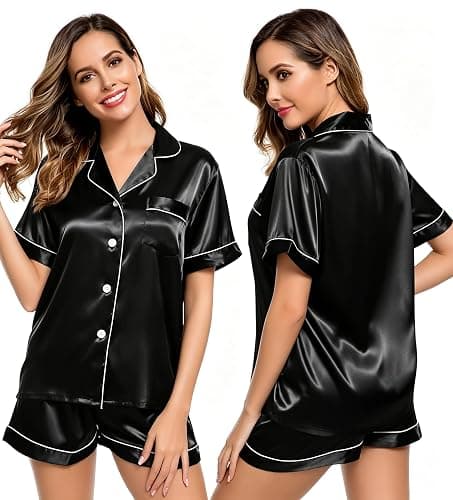 LecGee Womens Silk Satin Pajamas Short Sleeve Loungewear Two-Piece Sleepwear Button-Down Pj Set thumbnail 5