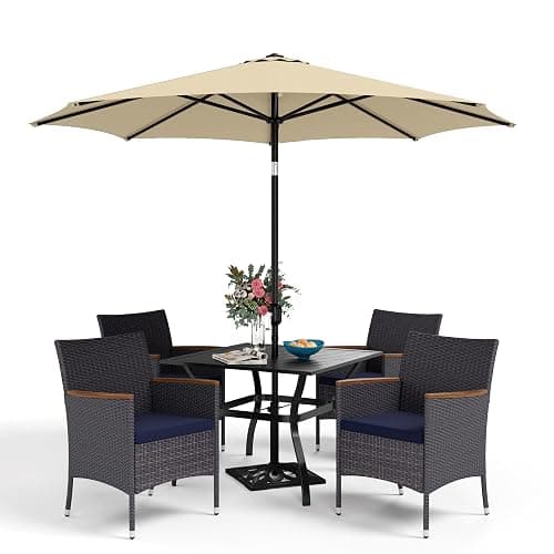 Sophia & William 5 Pieces Outdoor Dining Set with 9ft Beige Patio Umbrella, 4 Seat Patio Dining Set with Square Metal Patio Table and 4 Rattan Chairs, Patio Dining Set Set for Yard Lawn Porch - Image 1