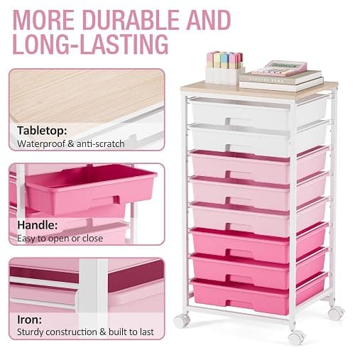 Rolling Cart with Drawers, Pink Cart with 8 Plastic Drawer Storage and Wooden Tabletop, Craft Storage, Teacher Cart, Storage Cart on Wheels, Rose Pink thumbnail 6