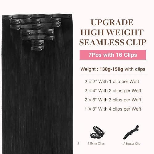 GOO GOO Clip in Hair Extensions Real Human Hair, Remy Human Hair Extensions Clip ins for Women, Natural Human Hair, 18inch 130g 7Pcs, 1B Natural black thumbnail 2