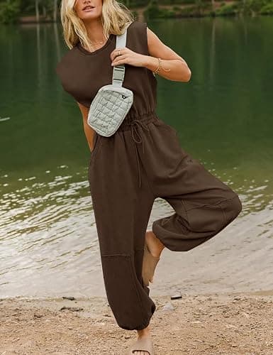 Flygo Womens Casual Jumpsuit Crewneck One Piece Outfits with Pockets | Cap Sleeve, Round Neck, Back Cutout, Drawstring Elastic Waist, Ankle Length, Long Wide Leg Pants, Summer Lounge Travel Outfit thumbnail 2