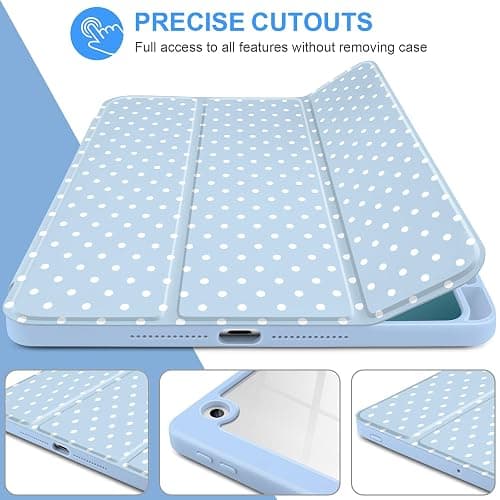 Yebiseven for iPad 9th 8th 7th Generation 10.2 Inch 2021 2020 2019 Case -[Built-in Pencil Holder], Shockproof Clear Hard Back, Slim Trifold Stand, Auto Wake/Sleep, for Girls teen Women, Blue white dot thumbnail 4