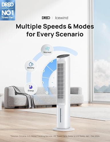 Dreo Tower Fan for Bedroom, 40" Evaporative Air Cooler, Cooling Fans That Blow Cold Air with 80° Oscillating, Removable Water Tank, 3 Modes 4-Speed, Remote Control, Quiet Floor Fan, 7H Timer，White - White thumbnail 3