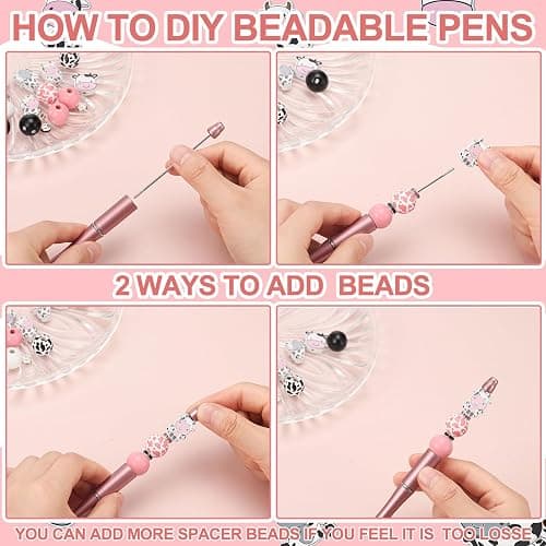 Colarr 24 Sets Plastic Beadable Pens DIY Pens Making Kit Assorted Wood Beads Crystal Spacer Black Ink Ballpoint for Women Crafts Office Family Gifts(Cow) thumbnail 5