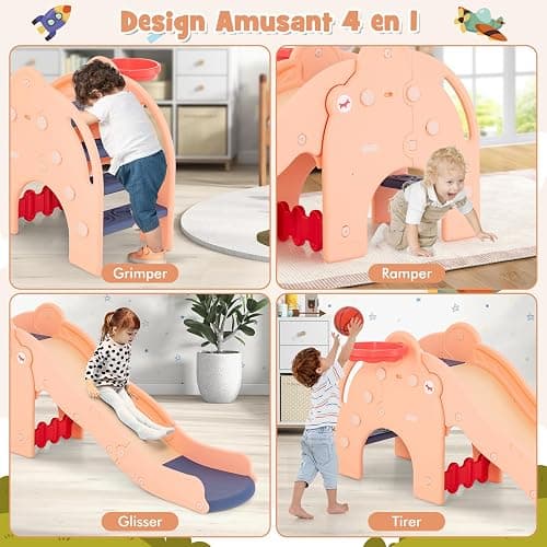 COSTWAY 4 en 1 Toboggan Enfant en Forme Éléphant avec Panier de Basketball, Toboggan Extérieur Intérieur en HDPE avec Ballon, Aire de Jeux pour Glisser & Grimper, Charge 50kg pour 18 Mois+(Rose) thumbnail 4