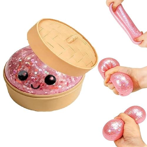 Dumpling Squishies, Glitter Dumpling, Glitter Dumplings Squishy with Box, Dumplings Sensory Squeeze Toy for Stress Relief Stretchy Desk Toys (Pink-1) - Image 1