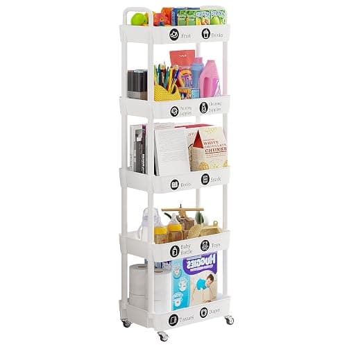 Laiensia 5-Tier Rolling Cart with Wheels,Multifunction Utility Storage Carts, Kitchen Storage Organizer,Mobile Shelving Unit for Bathroom,Laundry,with Classified Stickers,White thumbnail 7