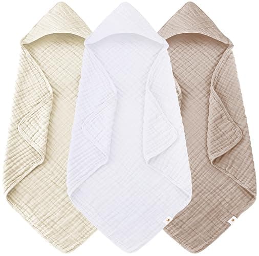 Sunny zzzZZ Muslin Hooded Baby Bath Towels - 3 Pack 100% Cotton Soft Low-Saturation Pastel Towels Including Classic White for Newborns, Infants, Toddlers - 32x32 Inch - Ivory, Brown and White - Image 1