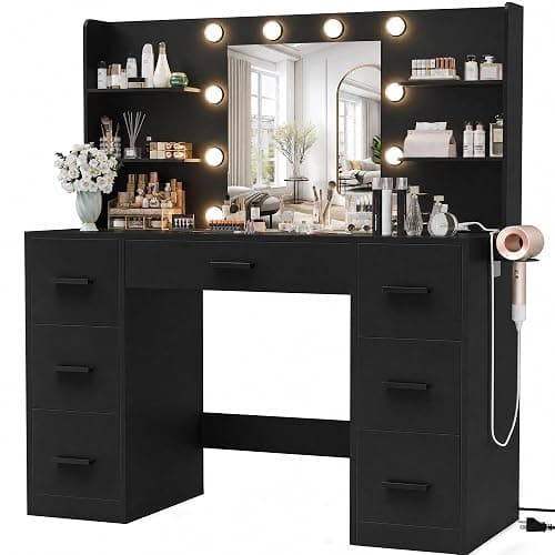 Furmax Vanity Desk with LED Mirror,Power Outlet,7 Drawers Makeup Table | LED Lighted Mirror & Built-in Outlet,7 Drawers and 6 Shelves,Organized Makeup Storage for Bedroom,Black - Image 1