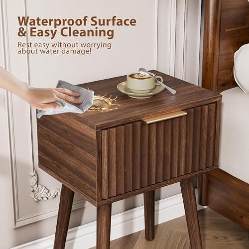 VINGLI Night Stand Set 2, Fluted Nightstands with Drawer, Mid Century Modern Nightstands Set of 2, Bedside Table, End Table, Wood Nightstand for Bedroom, Walnut, 15.75" W*11.81" D*21.85" H thumbnail 8