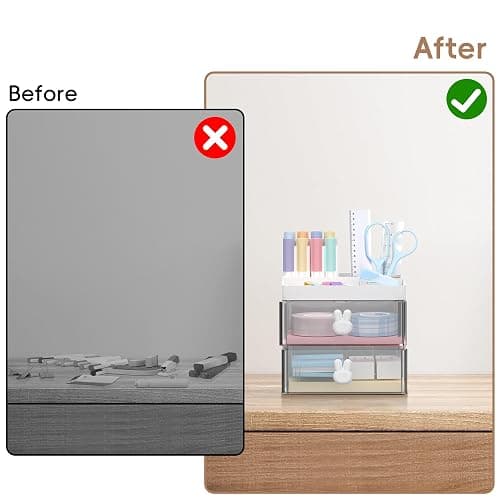 DRQ Desk Organizer with 2 Drawers, Multi-Functional Pencil Pen Holder for Desk Storage with 3 Compartments, Mini Cute Desk Accessories and Organizers for School Home Office Supplies (White) - White thumbnail 7