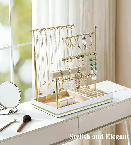 Emibele Jewelry Holder, Jewelry Organizer Stand Necklace Earrings Bracelet Holder, 5 Tier Jewelry Display Tower Rack with Metal Frame and Velvet Ring Tray, Aesthetic Jewelry Stand Gift for Women, Gold thumbnail 6