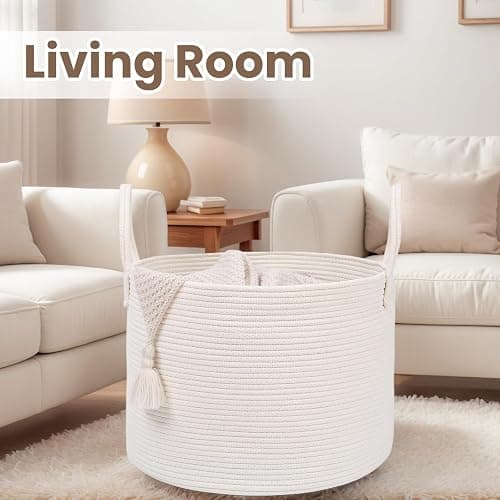 JMvicyroam Woven Blanket Basket,65L Large Rope Storage Bin with Handles, Organizer for Blankets Toys Book and Clothes, Laundry Basket for Living Room Bedroom Nursery,White thumbnail 5