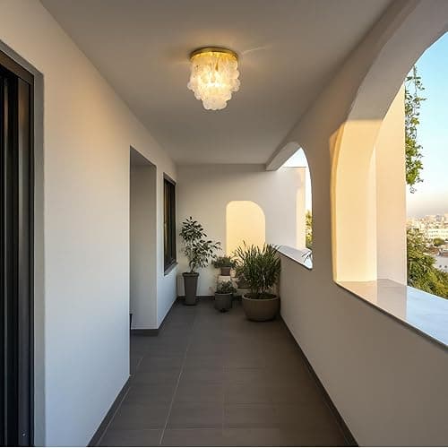 Pathson Modern Shell Ceiling Light Fixture Brass Gold Finish, Hardwired Flush Mount Lighting Includes Bulb, Vintage Capiz Shell Ceiling Chandelier Lamp for Hallway Entryway Living Room Bedroom thumbnail 3